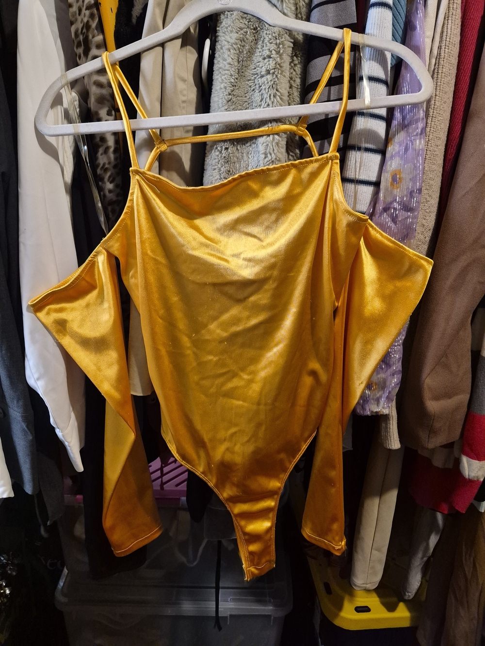 Fashion Nova Shiny Mustard Yellow Cold-Shoulder Bodysuit